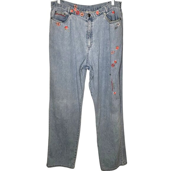Vintage Boho Embroidered Floral Wide Leg Hight Waist Jeans Womens 14 Cottage - Picture 3 of 14